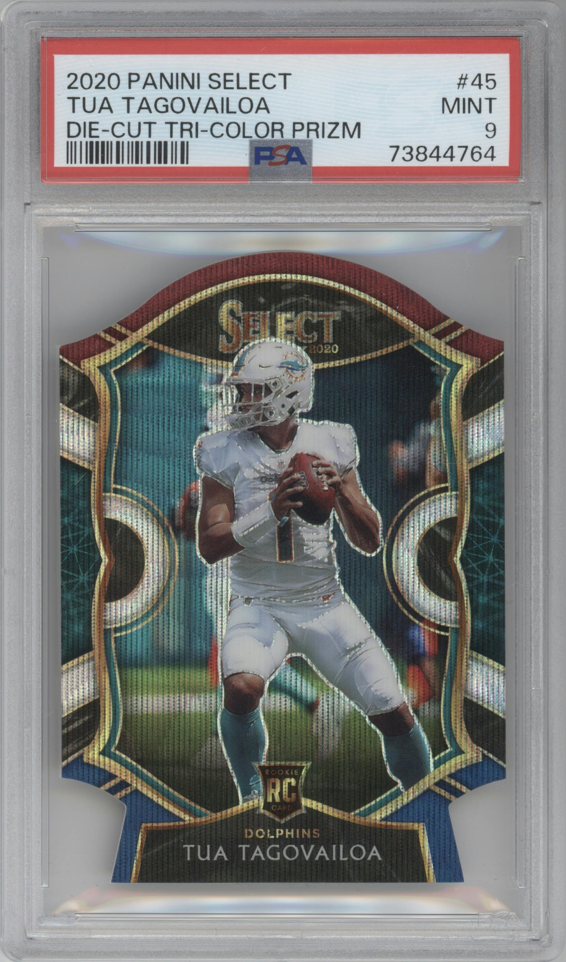 Tua Tagovailoa from the 2020 Panini Select set featuring a Die-Cut Tri-Color parallel graded by PSA and given an overall grade of 9.