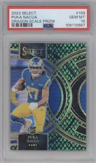 Puka Nacua from the 2023 Panini Select set featuring a Dragon Scale parallel graded by PSA and given an overall grade of 10.