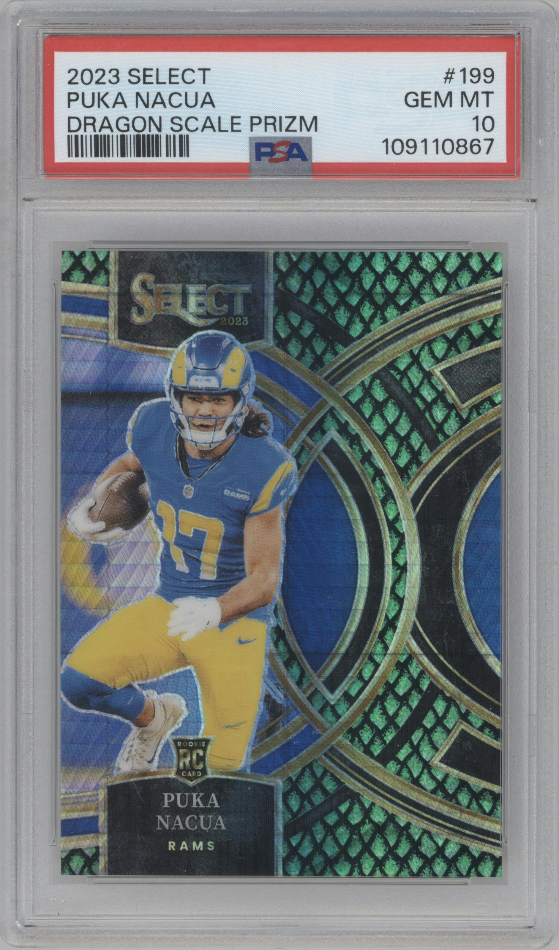 Puka Nacua from the 2023 Panini Select set featuring a Dragon Scale parallel graded by PSA and given an overall grade of 10.