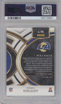 Puka Nacua from the 2023 Panini Select set featuring a Dragon Scale parallel graded by PSA and given an overall grade of 10.