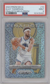 Klay Thompson from the 2023-24 Panini Prizm Deca set featuring a Mojo Prizm parallel graded by PSA and given an overall grade of 9.