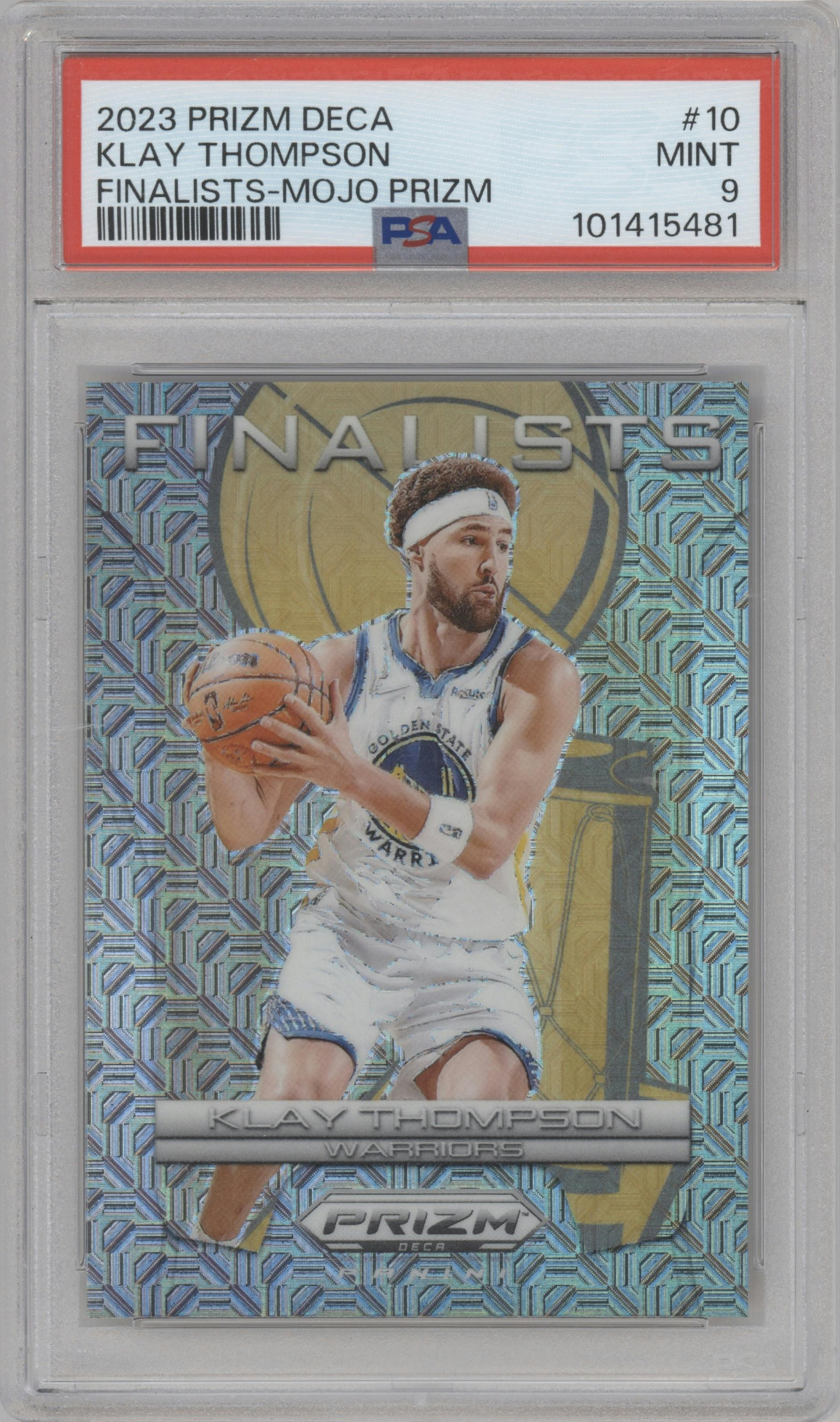 Klay Thompson from the 2023-24 Panini Prizm Deca set featuring a Mojo Prizm parallel graded by PSA and given an overall grade of 9.