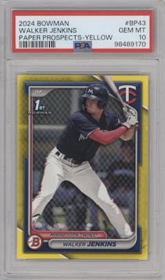 Walker Jenkins from the 2024 Bowman set featuring a Yellow parallel graded by PSA and given an overall grade of 10.