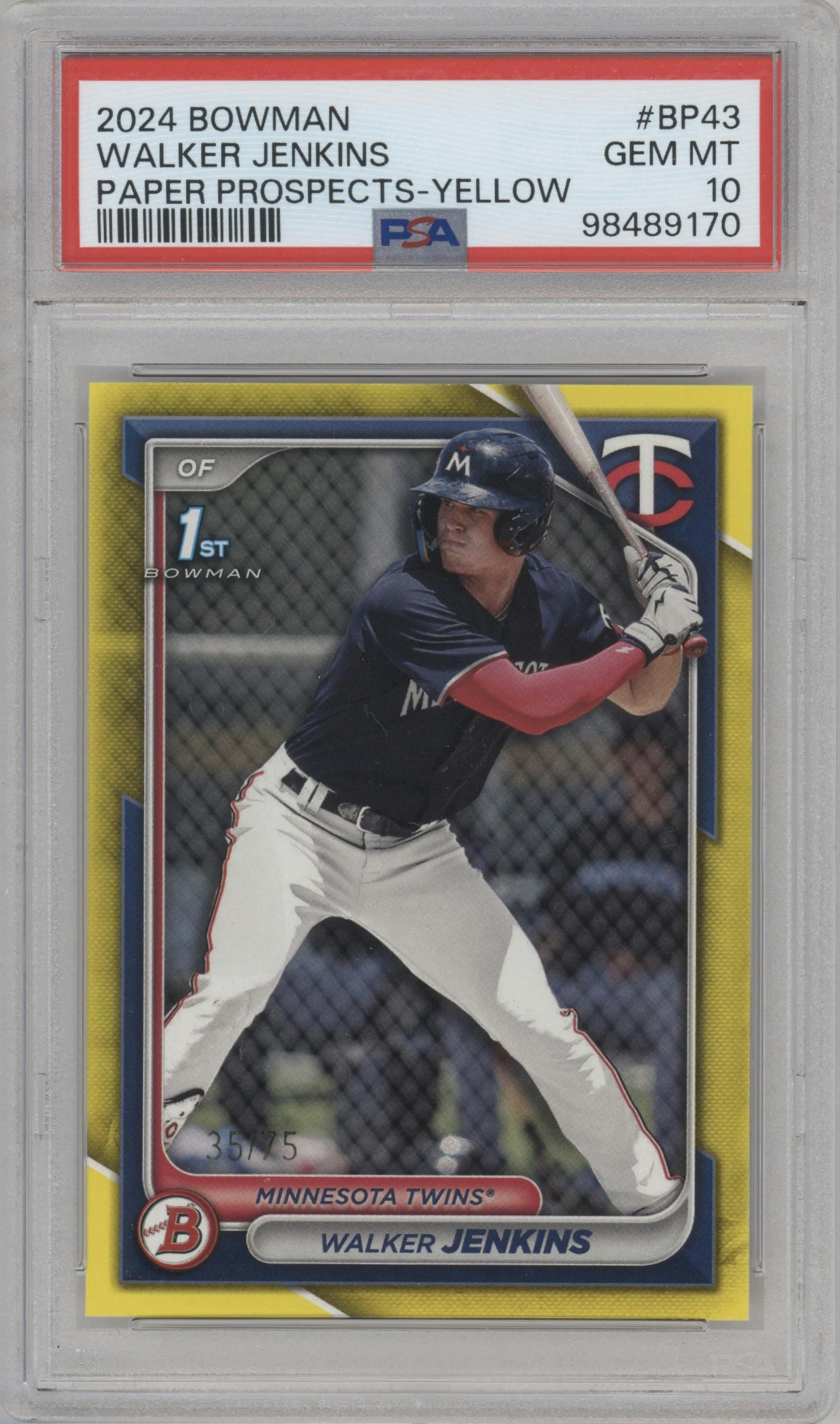 Walker Jenkins from the 2024 Bowman set featuring a Yellow parallel graded by PSA and given an overall grade of 10.