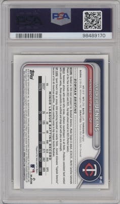 Walker Jenkins from the 2024 Bowman set featuring a Yellow parallel graded by PSA and given an overall grade of 10.