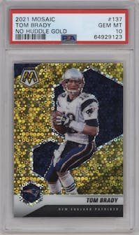 Tom Brady from the 2021 Panini Mosaic set featuring a No Huddle Gold parallel graded by PSA and given an overall grade of 10.