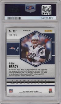 Tom Brady from the 2021 Panini Mosaic set featuring a No Huddle Gold parallel graded by PSA and given an overall grade of 10.