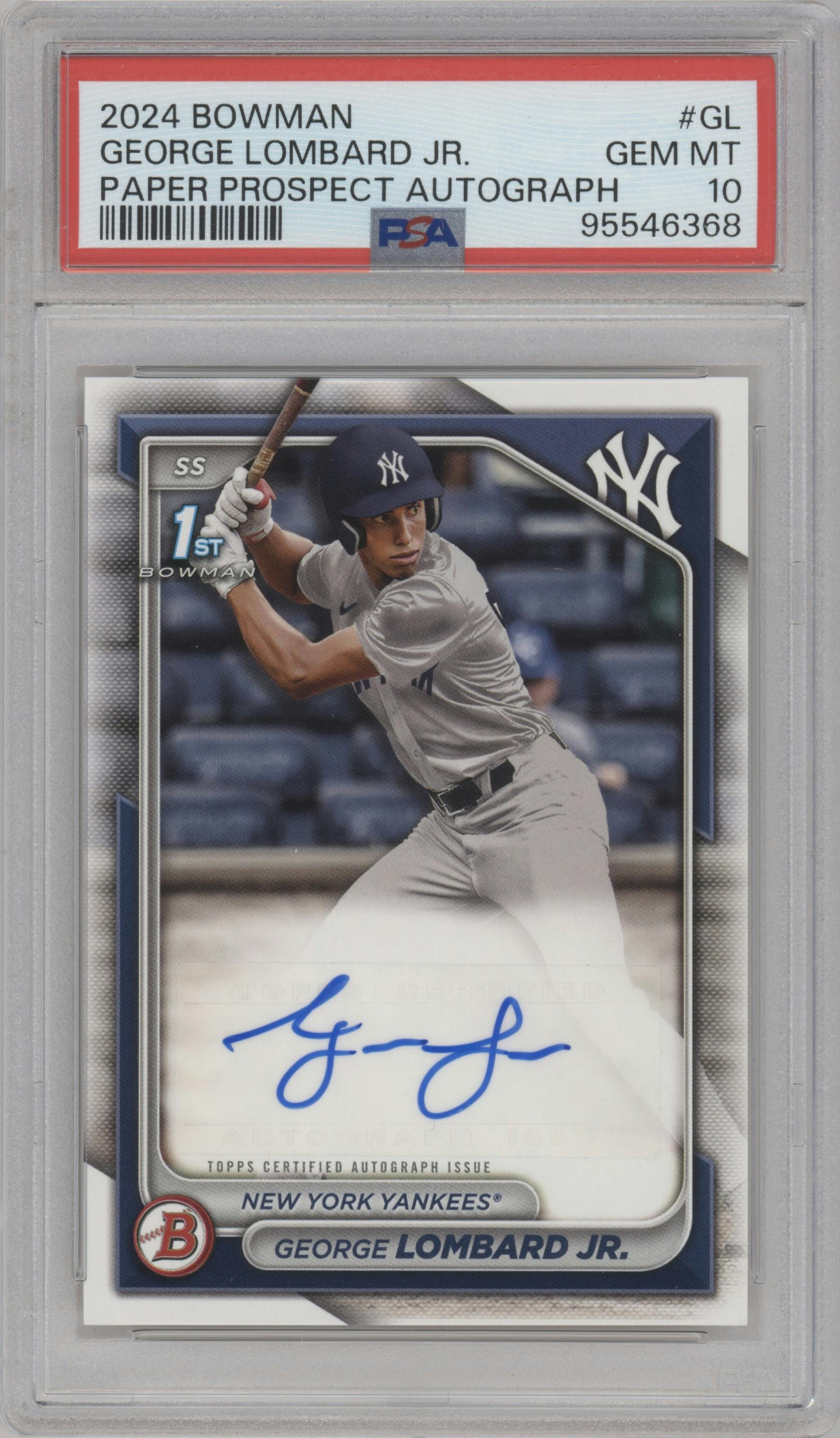 George Lombard Jr. from the 2024 Bowman set graded by PSA and given an overall grade of 10.
