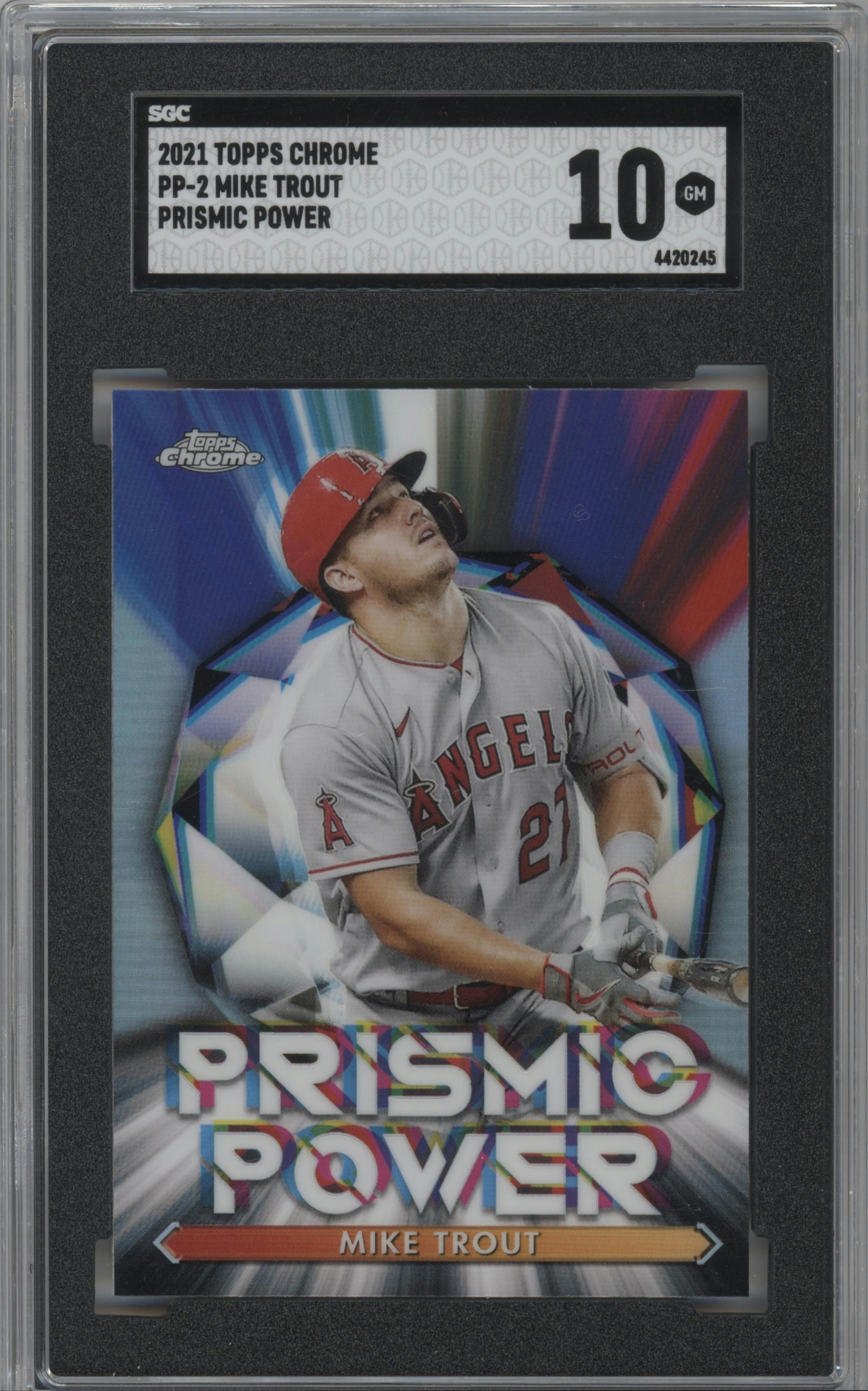 Mike Trout from the 2021 Topps Chrome set graded by SGC and given an overall grade of 10.