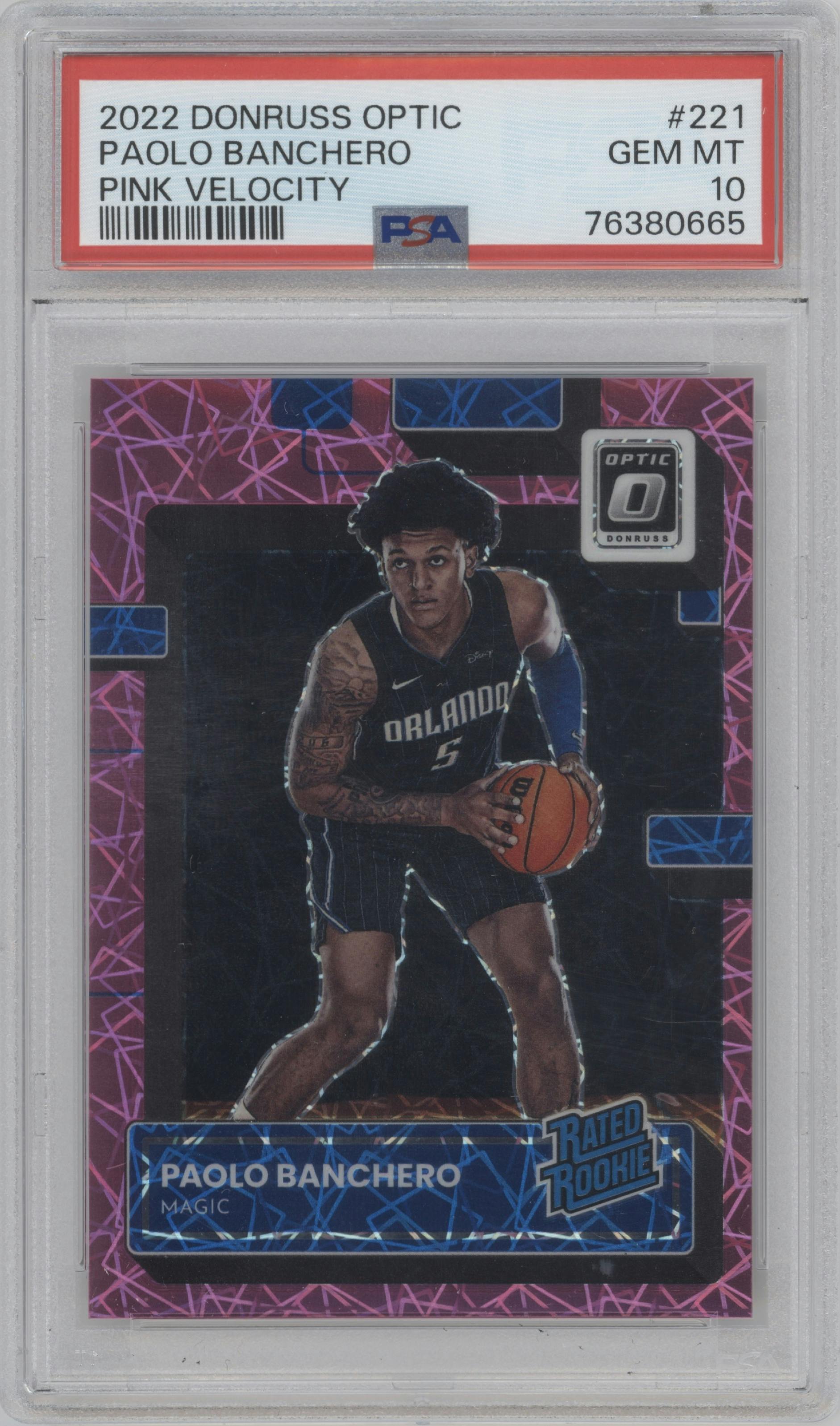 Paolo Banchero from the 2022-23 Panini Donruss Optic  set featuring a Pink Velocity parallel graded by PSA and given an overall grade of 10.
