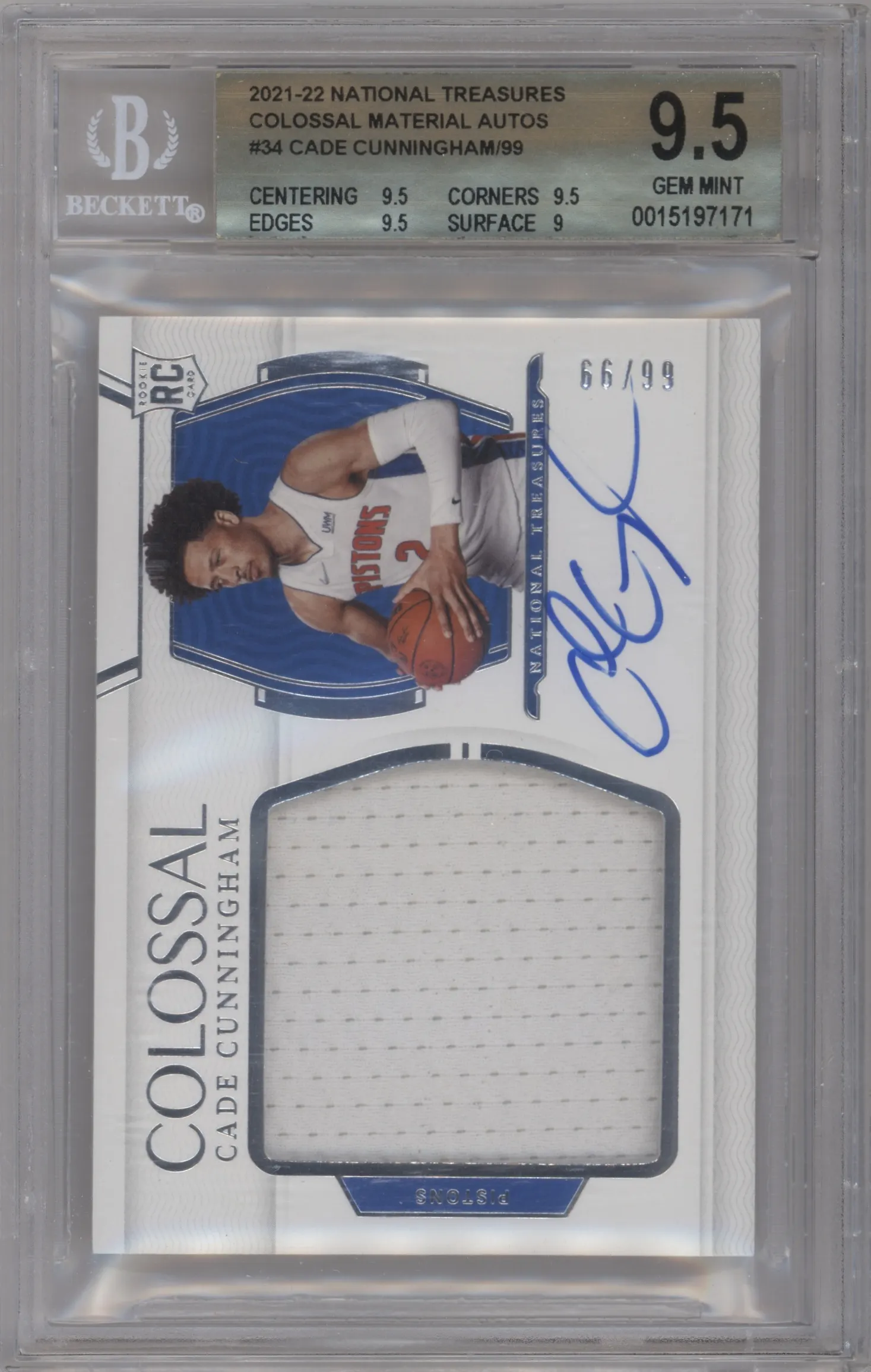 2021 Panini National Treasures Colossal Mat.Auto Cade Cunningham #CM-CCH BGS 9.5
