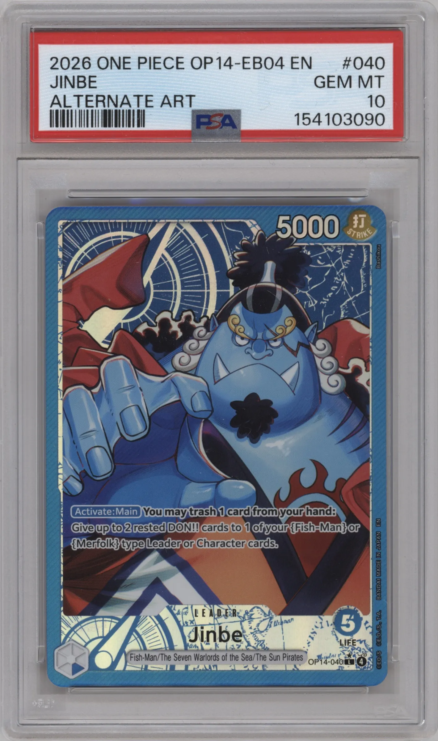 2026 One Piece The Azure Sea's Seven Jinbe Alternate Art L #OP14-040 L PSA 10