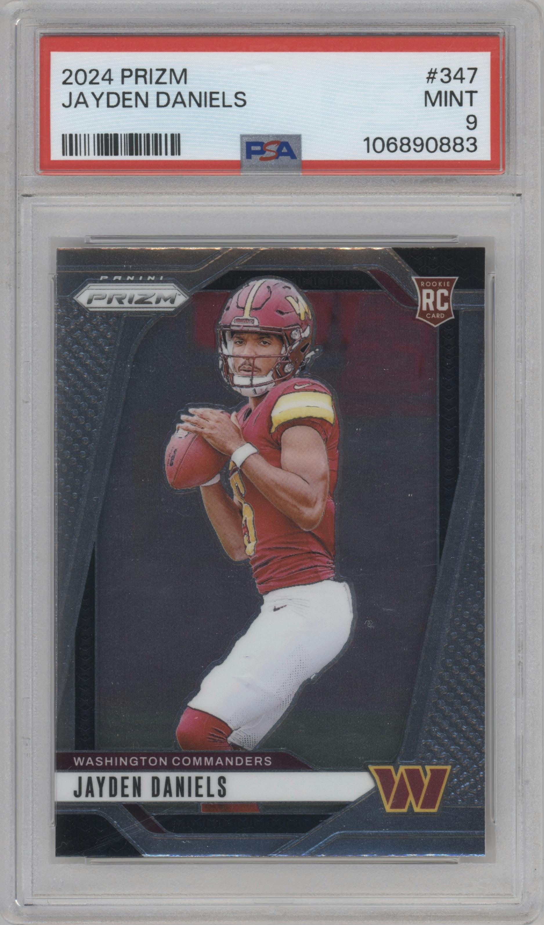 Jayden Daniels from the 2024 Panini Prizm set graded by PSA and given an overall grade of 9.