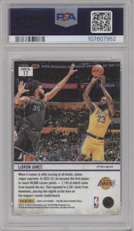 LeBron James from the 2023-24 Panini Prizm Deca set featuring a Mojo parallel graded by PSA and given an overall grade of 10.
