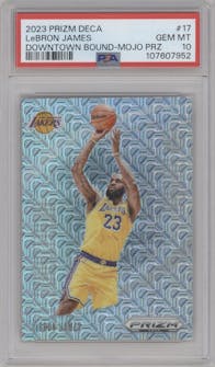 LeBron James from the 2023-24 Panini Prizm Deca set featuring a Mojo parallel graded by PSA and given an overall grade of 10.