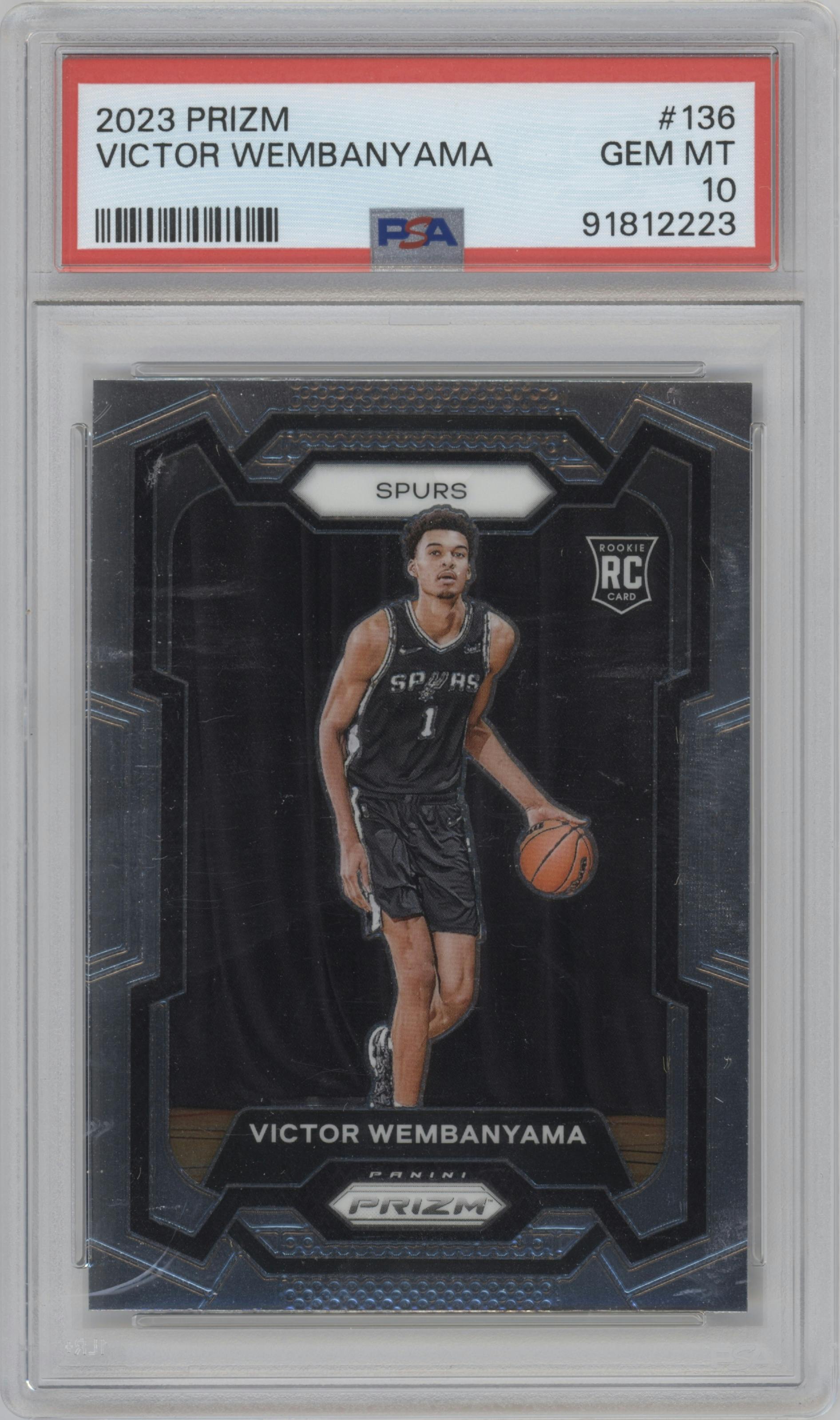 Victor Wembanyama from the 2023-24 Panini Prizm set graded by PSA and given an overall grade of 10.