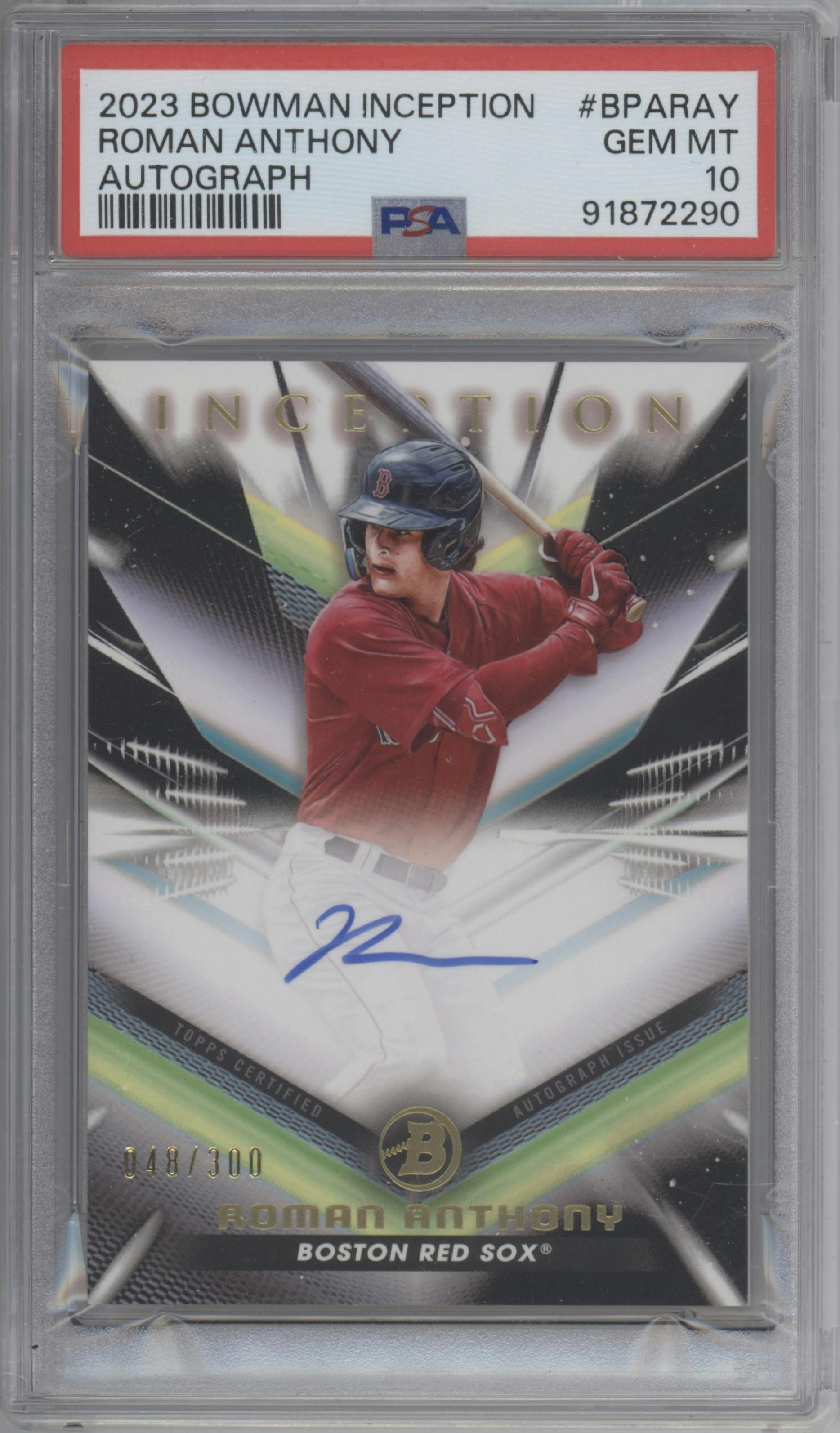 Roman Anthony from the 2023 Bowman Inception set graded by PSA and given an overall grade of 10.