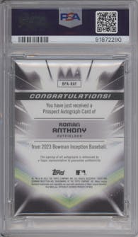 Roman Anthony from the 2023 Bowman Inception set graded by PSA and given an overall grade of 10.