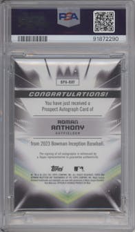 Roman Anthony from the 2023 Bowman Inception set graded by PSA and given an overall grade of 10.