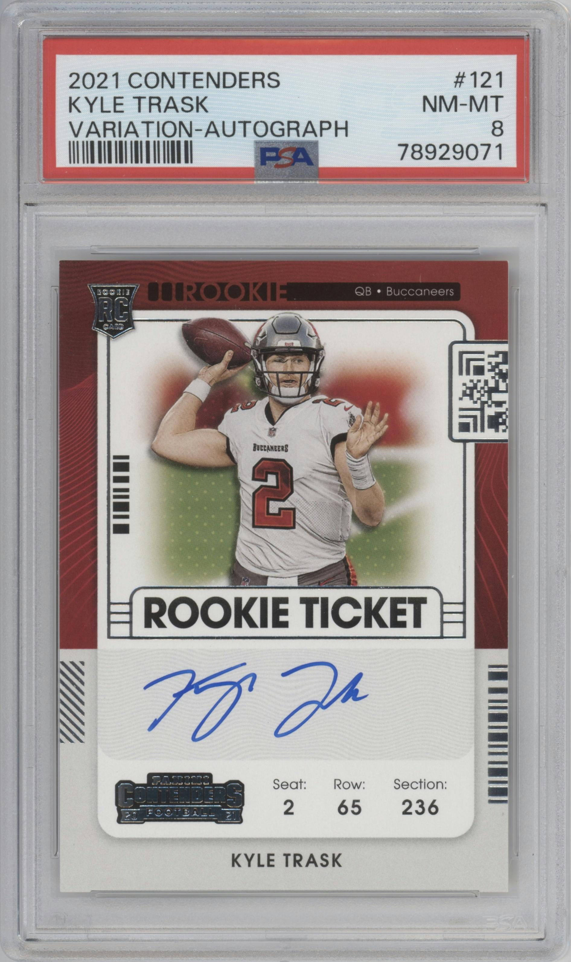 Kyle Trask from the 2021 Panini Contenders   set graded by PSA and given an overall grade of 8.