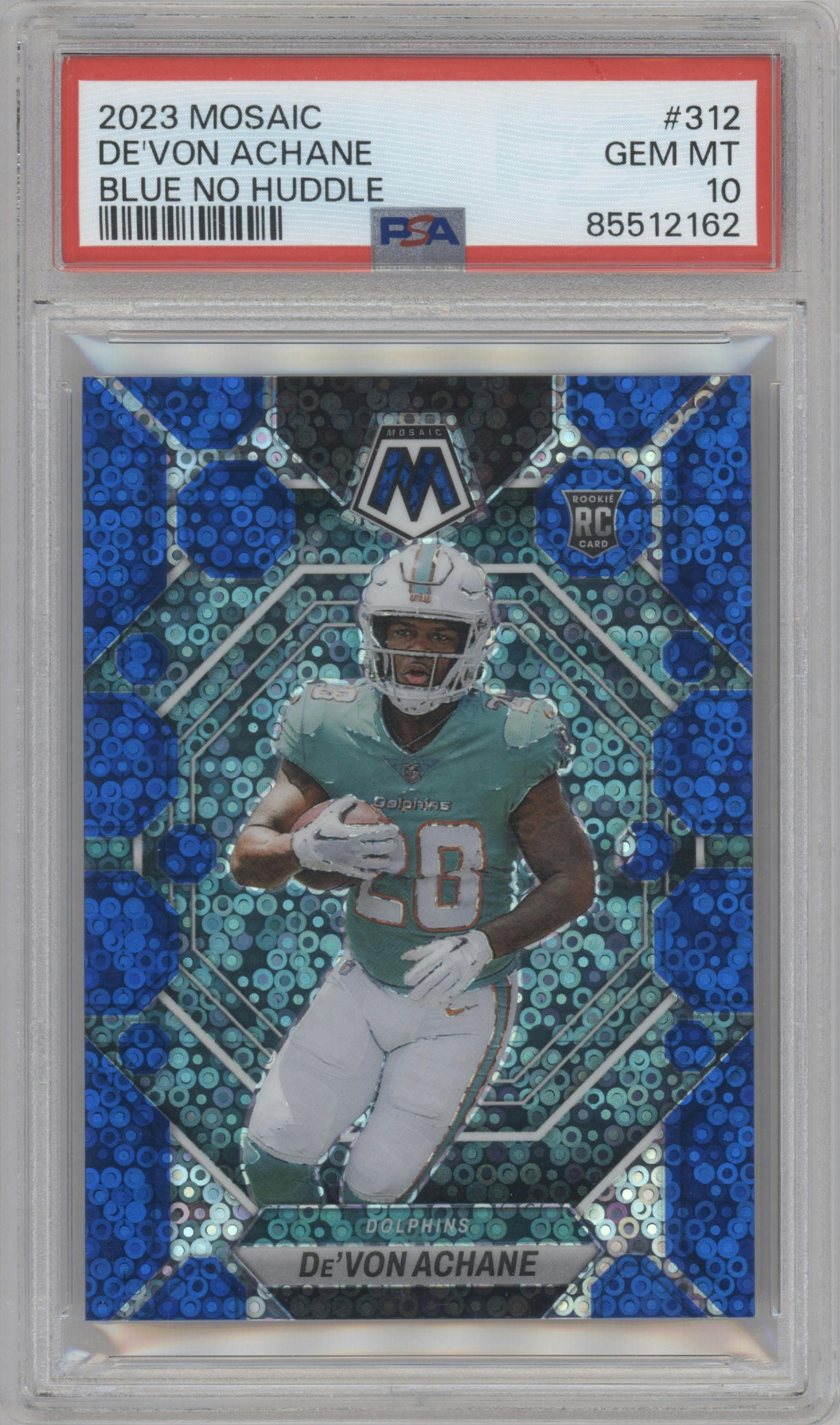 De'Von Achane from the 2023 Panini Mosaic set featuring a No Huddle Blue parallel graded by PSA and given an overall grade of 10.