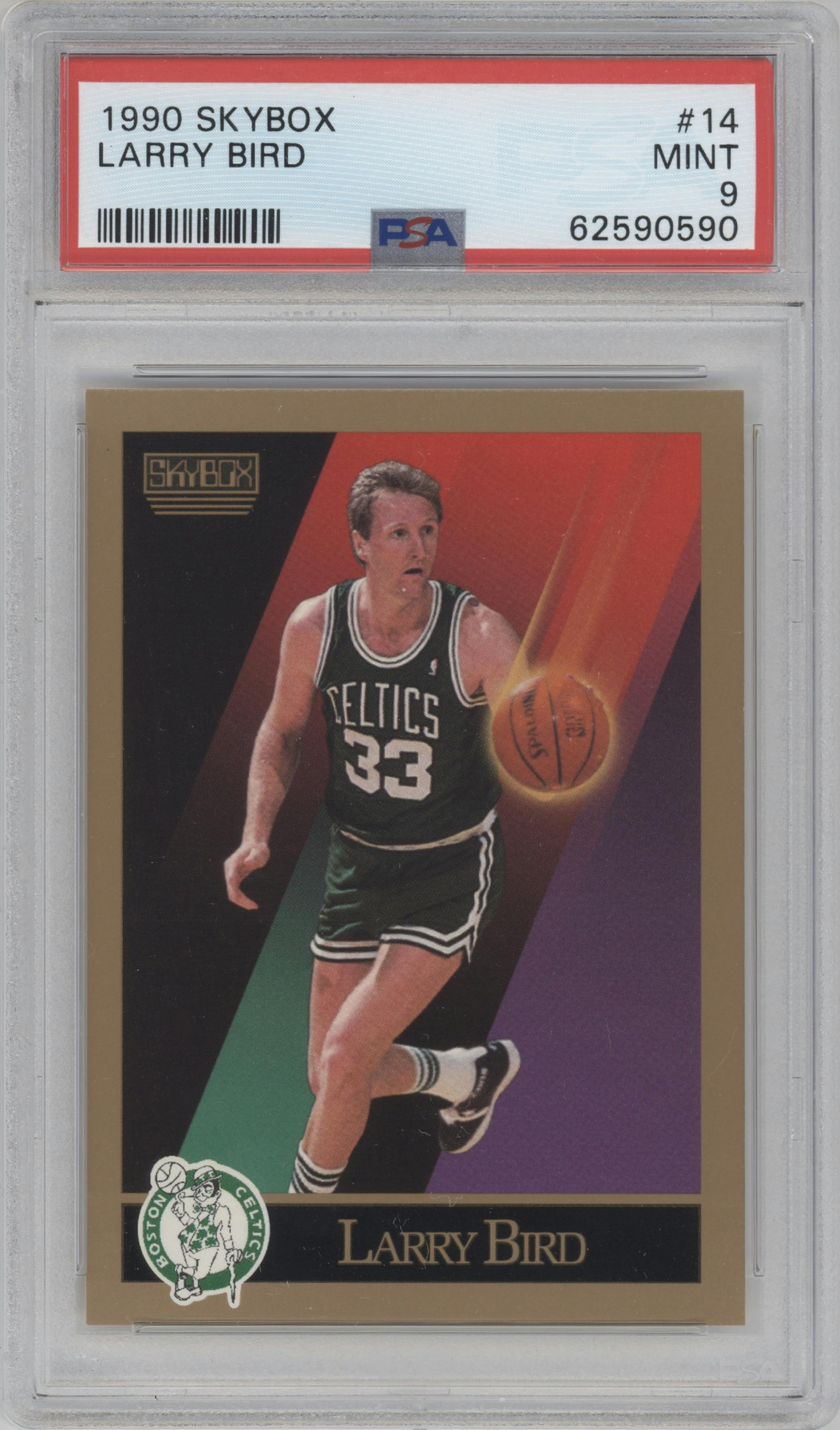 Larry Bird from the 1990-91 SkyBox  set graded by PSA and given an overall grade of 9.