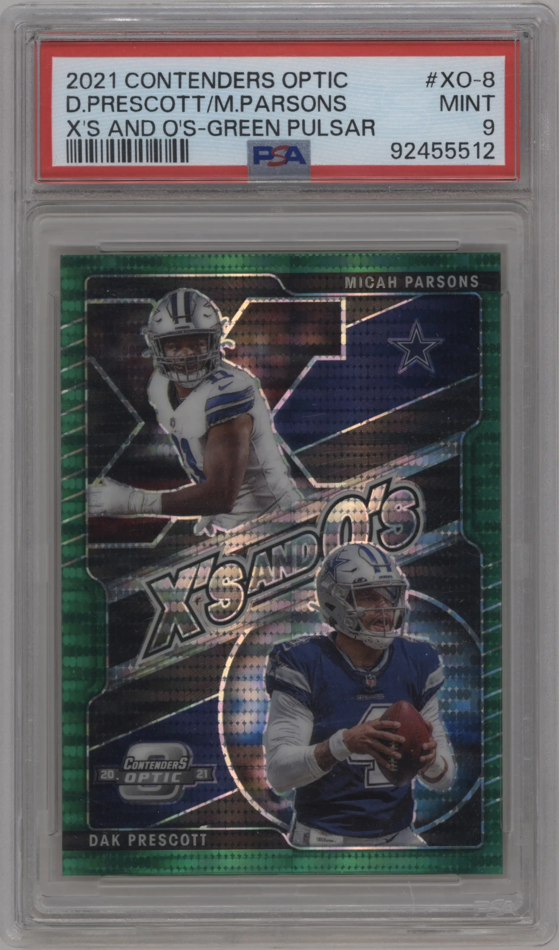 2021 Panini Contenders Optic Xs and Os Dak Prescott/Micah Parsons Green Pulsar PSA 9
