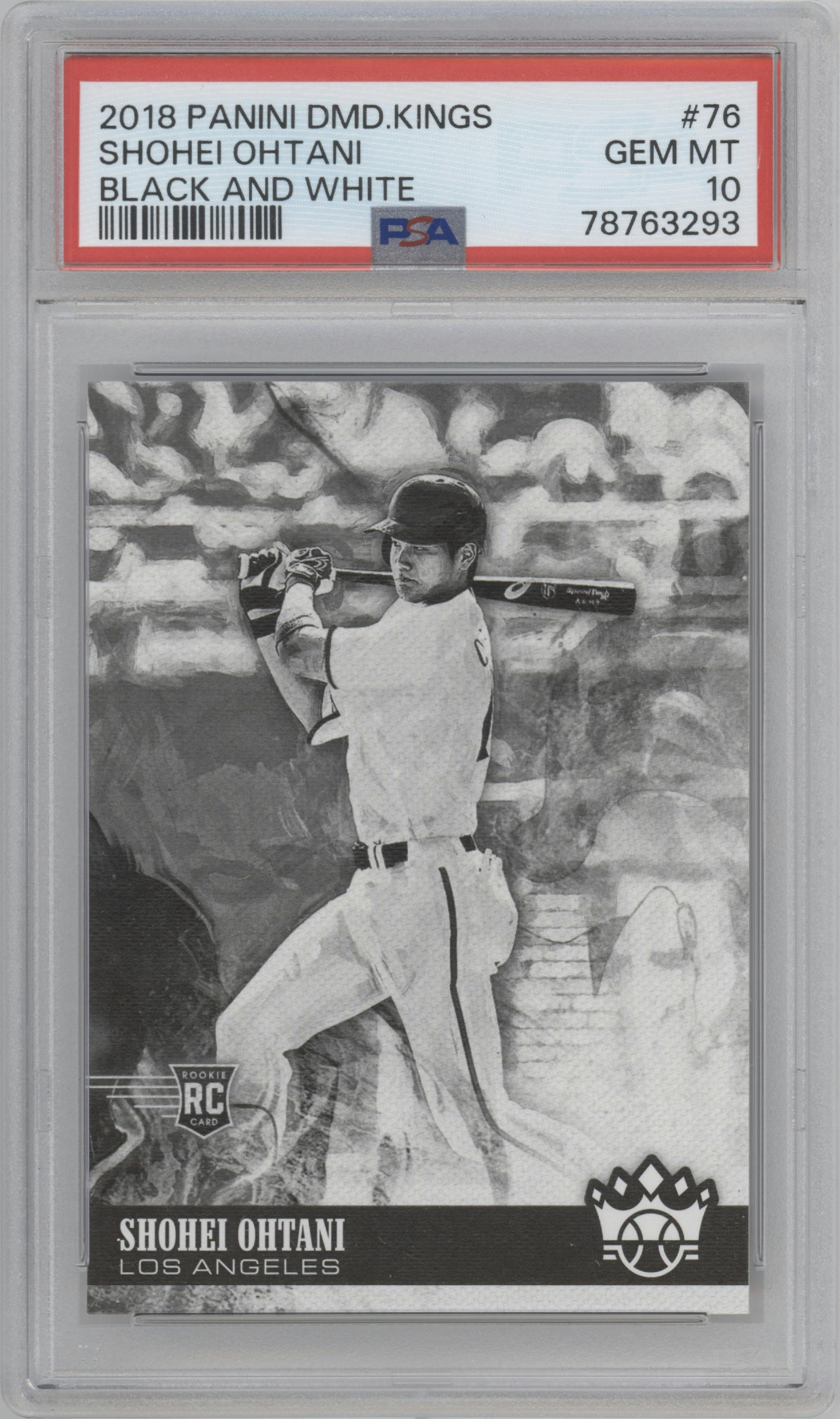 Shohei Ohtani from the 2018 Panini Diamond Kings set featuring a Black & White parallel graded by PSA and given an overall grade of 10.