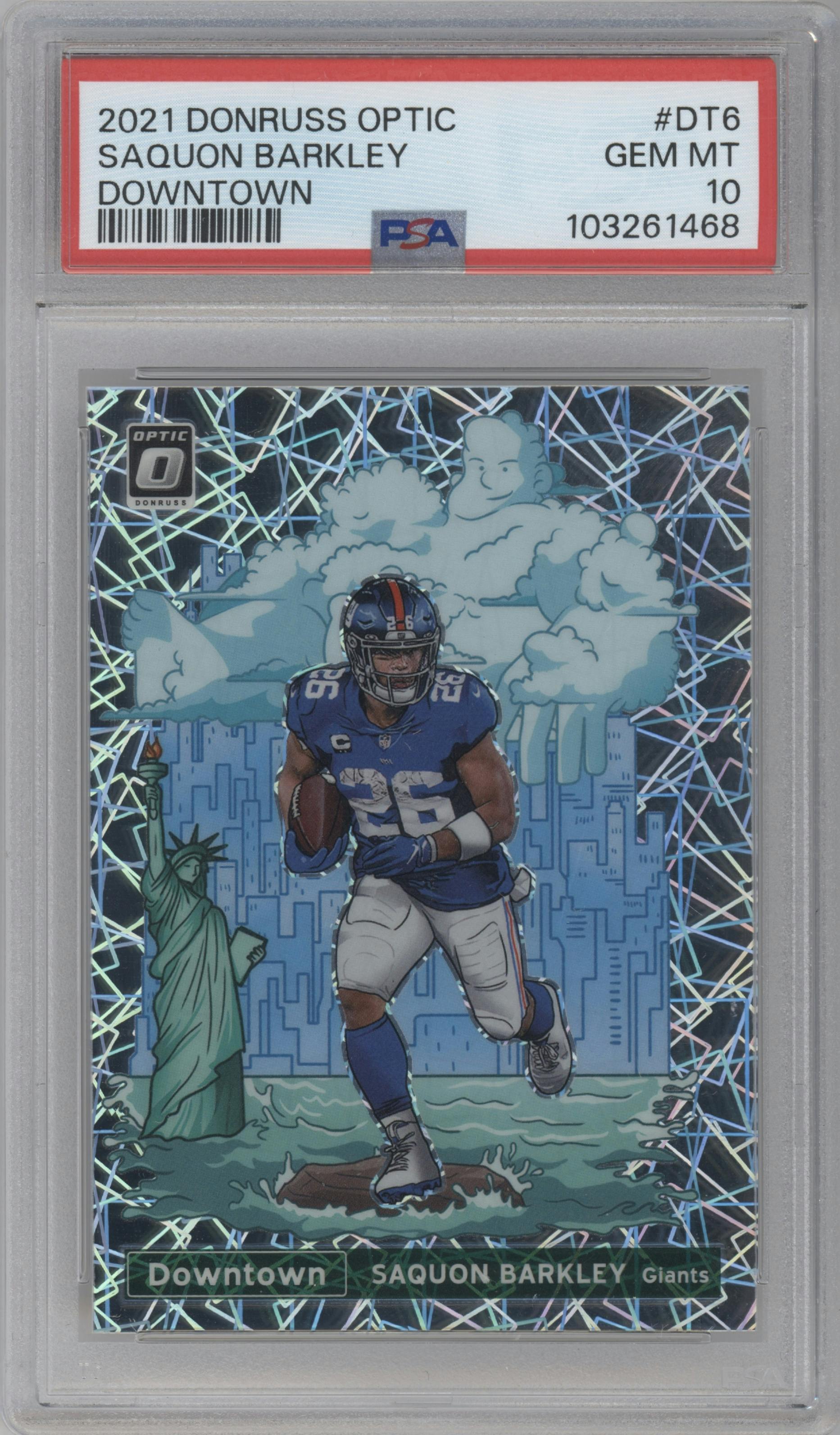 Saquon Barkley from the 2021 Panini Donruss Optic set graded by PSA and given an overall grade of 10.