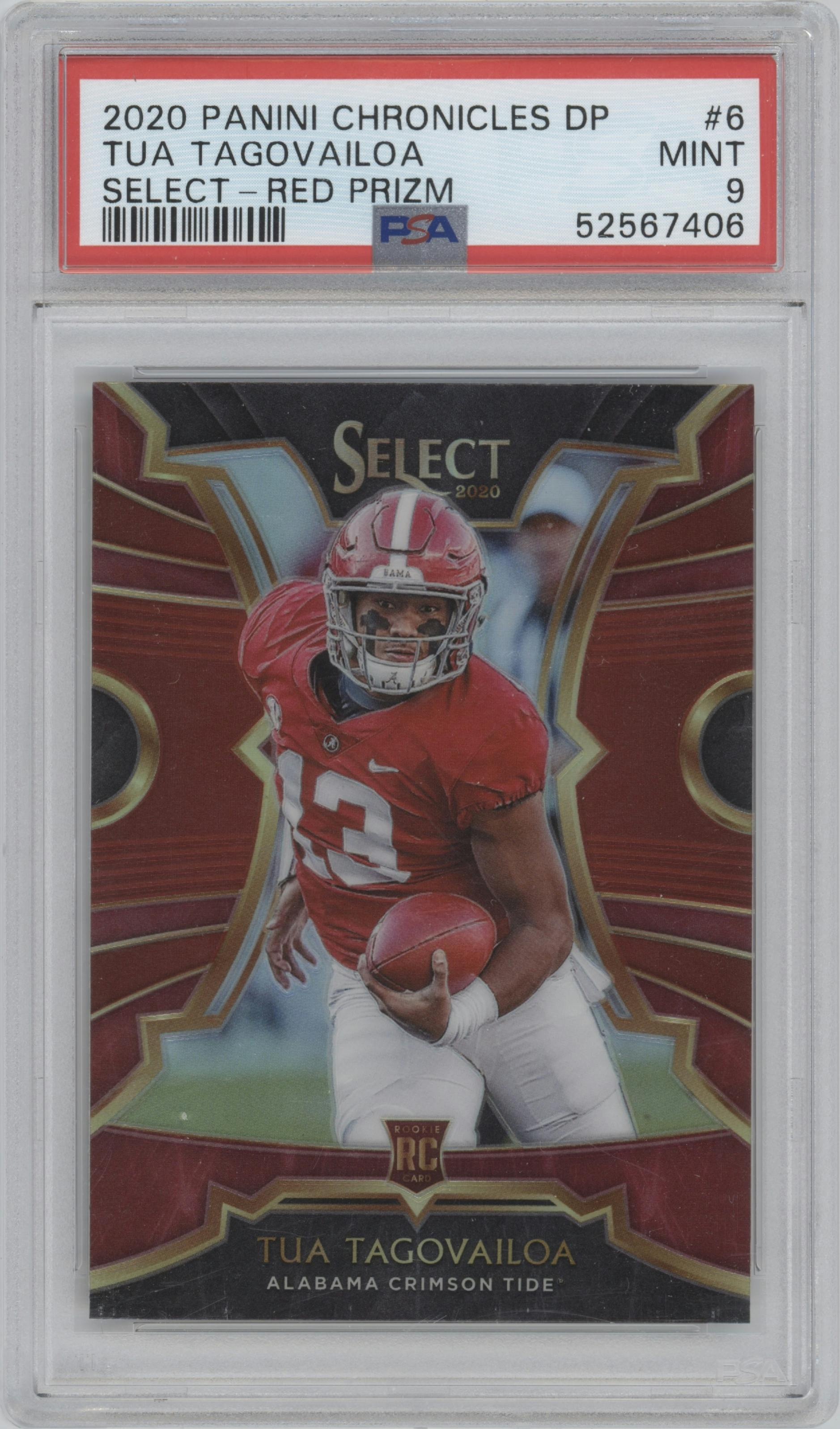Tua Tagovailoa from the 2020 Panini Chronicles Draft Picks  set featuring a Red parallel graded by PSA and given an overall grade of 9.