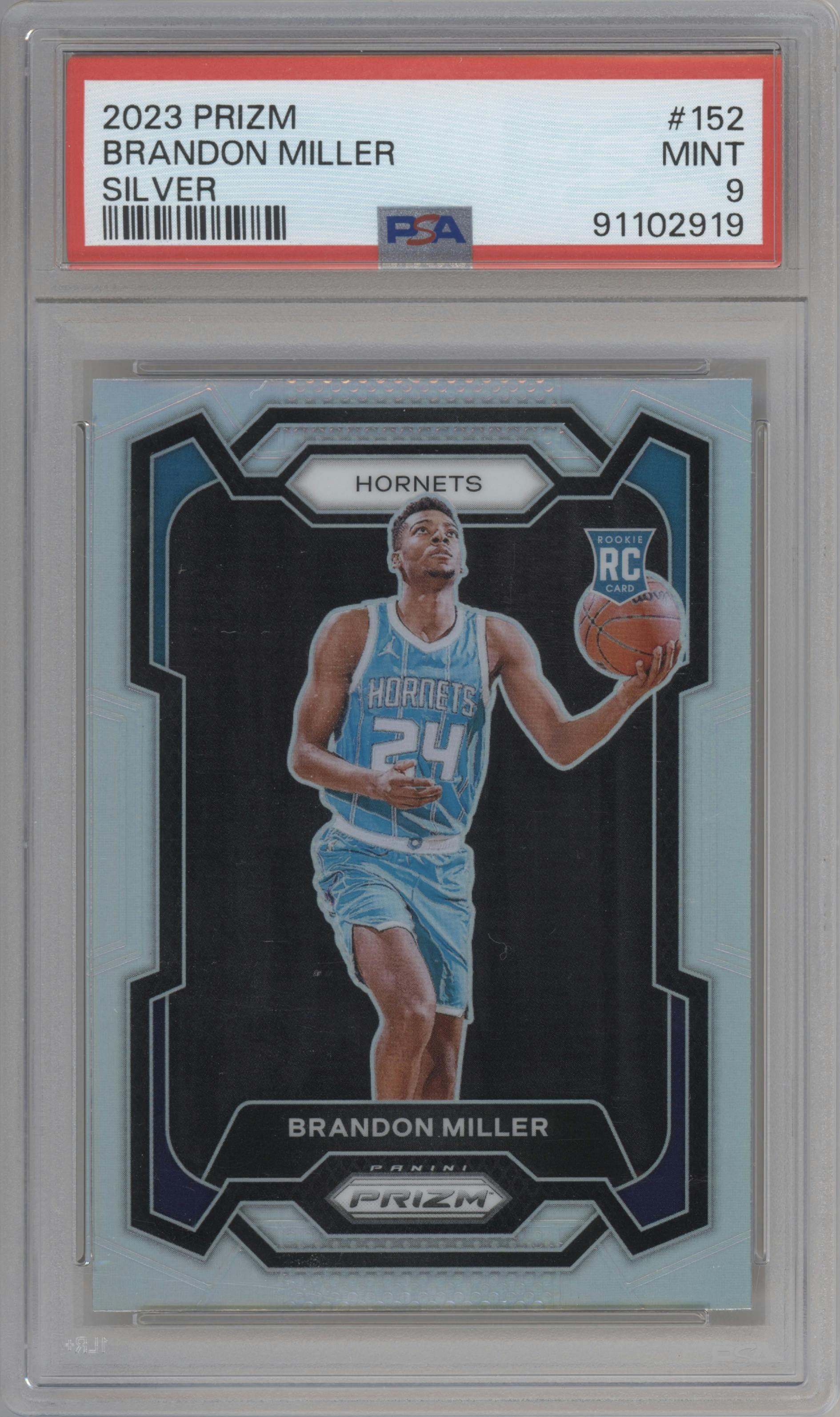 Brandon Miller from the 2023-24 Panini Prizm set featuring a Silver Prizm  parallel graded by PSA and given an overall grade of 9.
