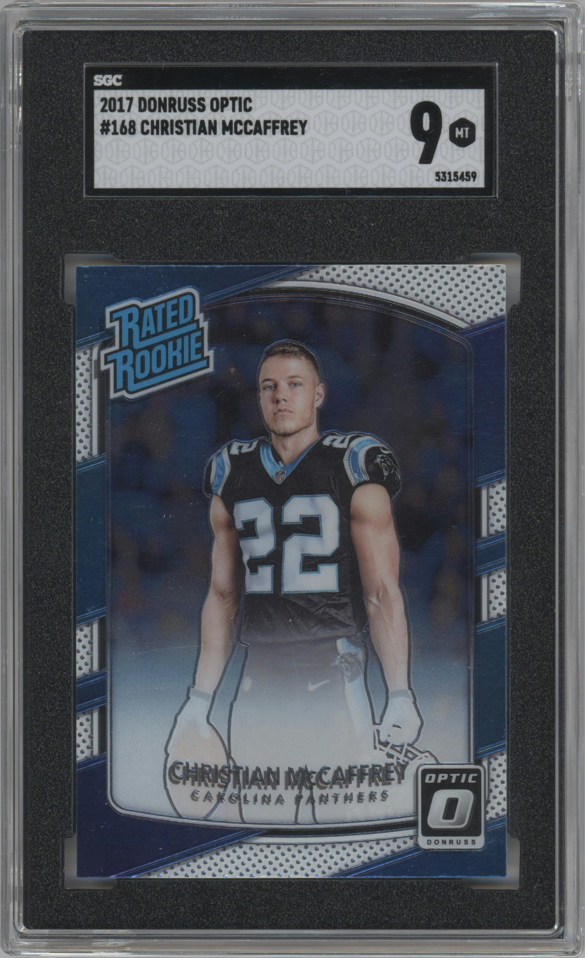 Christian McCaffrey from the 2017 Panini Donruss Optic set graded by SGC and given an overall grade of 9.