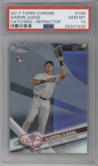 Aaron Judge from the 2017 Topps Chrome set featuring a Refractor parallel graded by PSA and given an overall grade of 10.