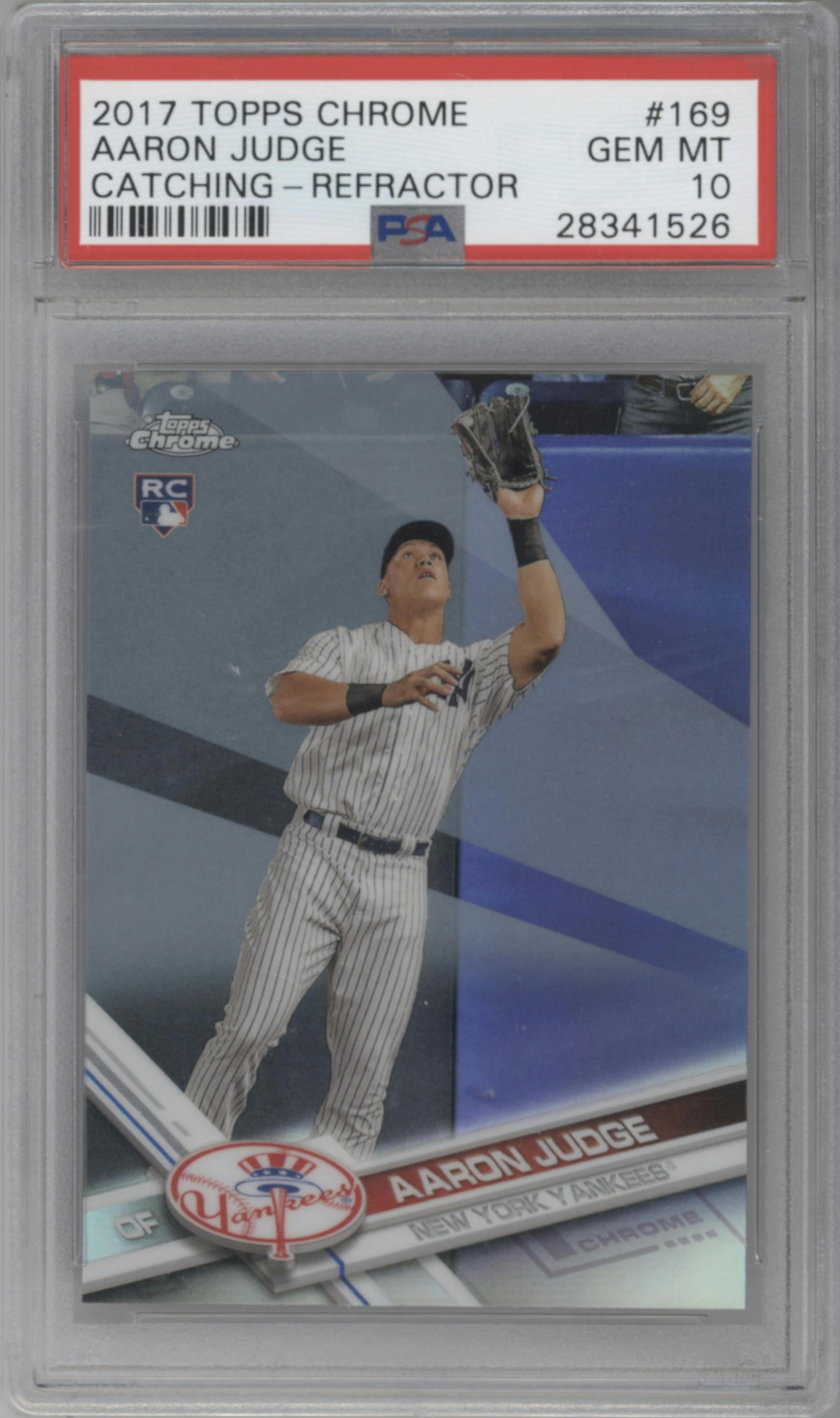 Aaron Judge from the 2017 Topps Chrome set featuring a Refractor parallel graded by PSA and given an overall grade of 10.