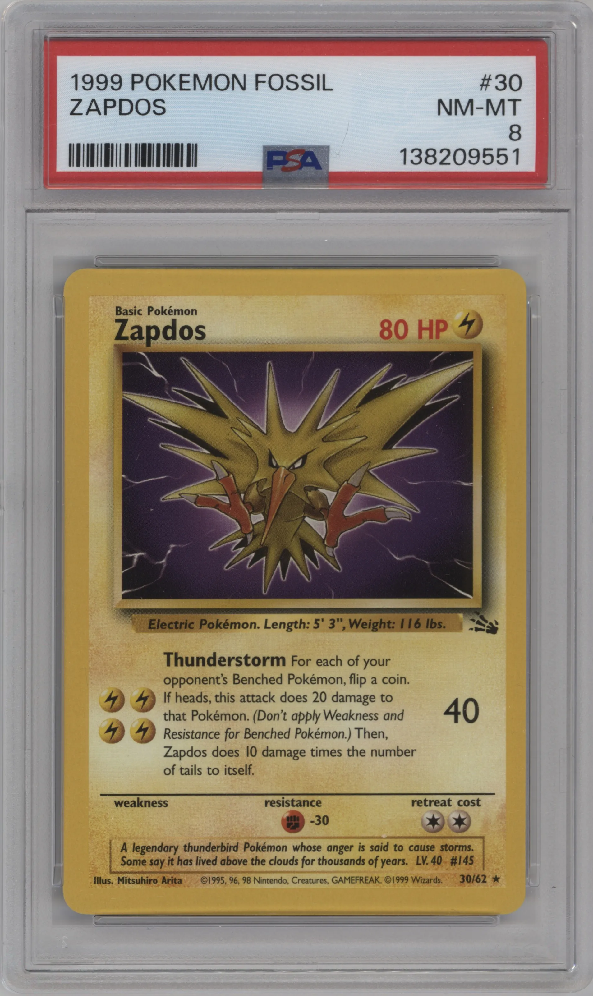 1999 Pokemon Fossil Zapdos #30 PSA 8