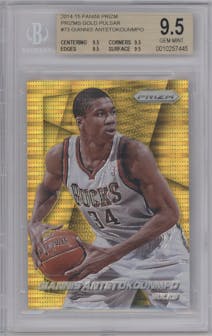 Giannis Antetokounmpo from the 2014-15 Panini Prizm set featuring a Gold Pulsar parallel graded by Beckett and given an overall grade of 9.5.