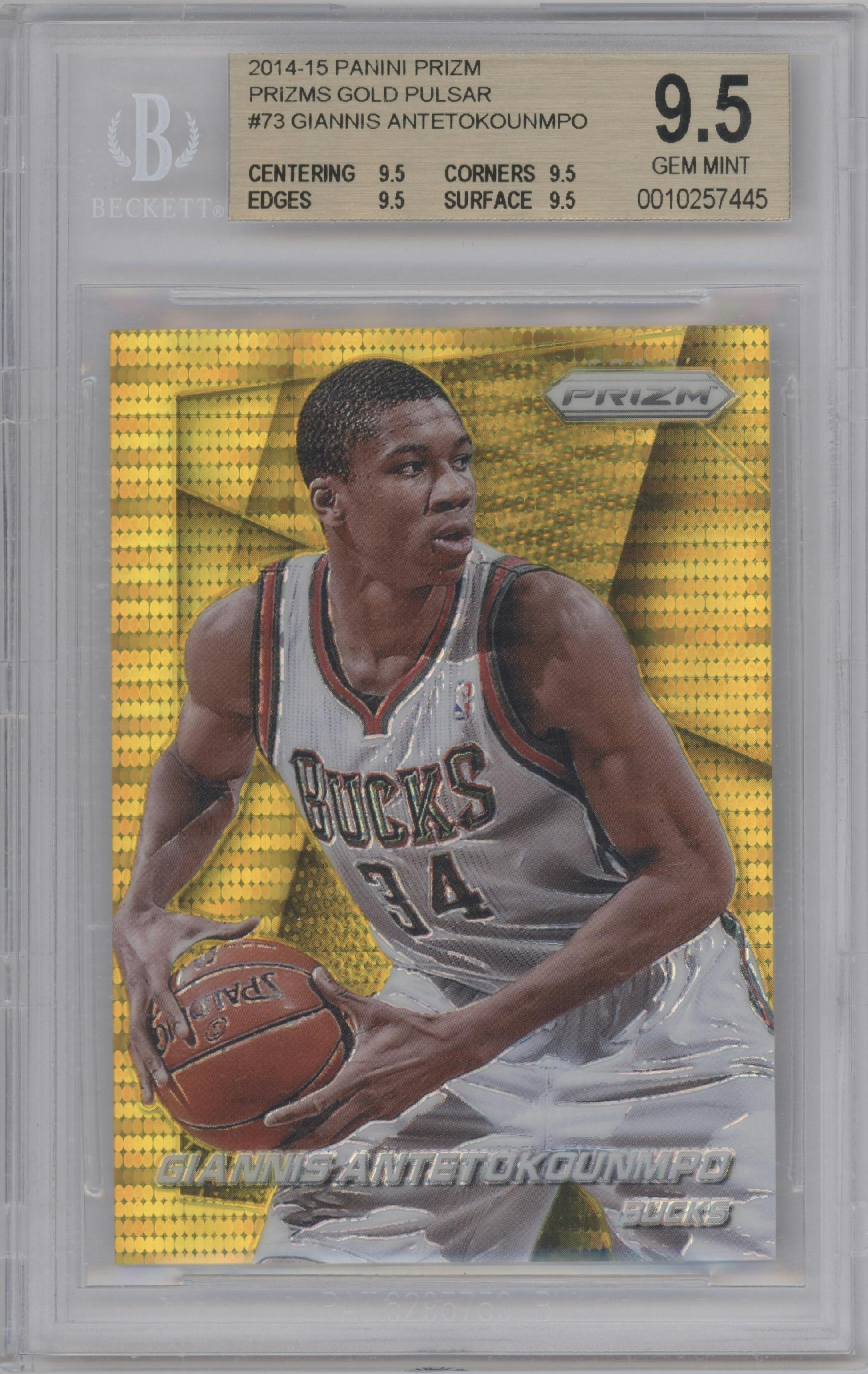 Giannis Antetokounmpo from the 2014-15 Panini Prizm set featuring a Gold Pulsar parallel graded by Beckett and given an overall grade of 9.5.