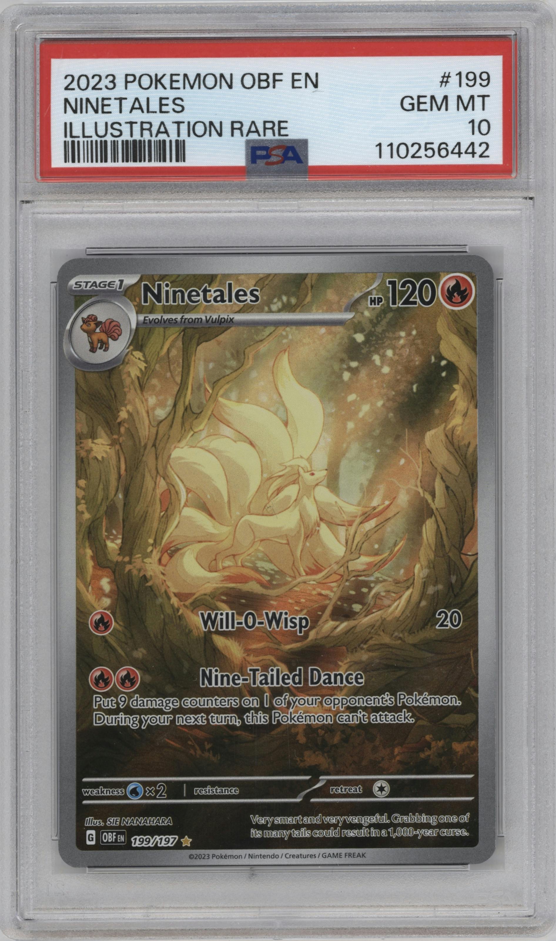 Ninetales from the 2023 Pokemon SV set graded by PSA and given an overall grade of 10.