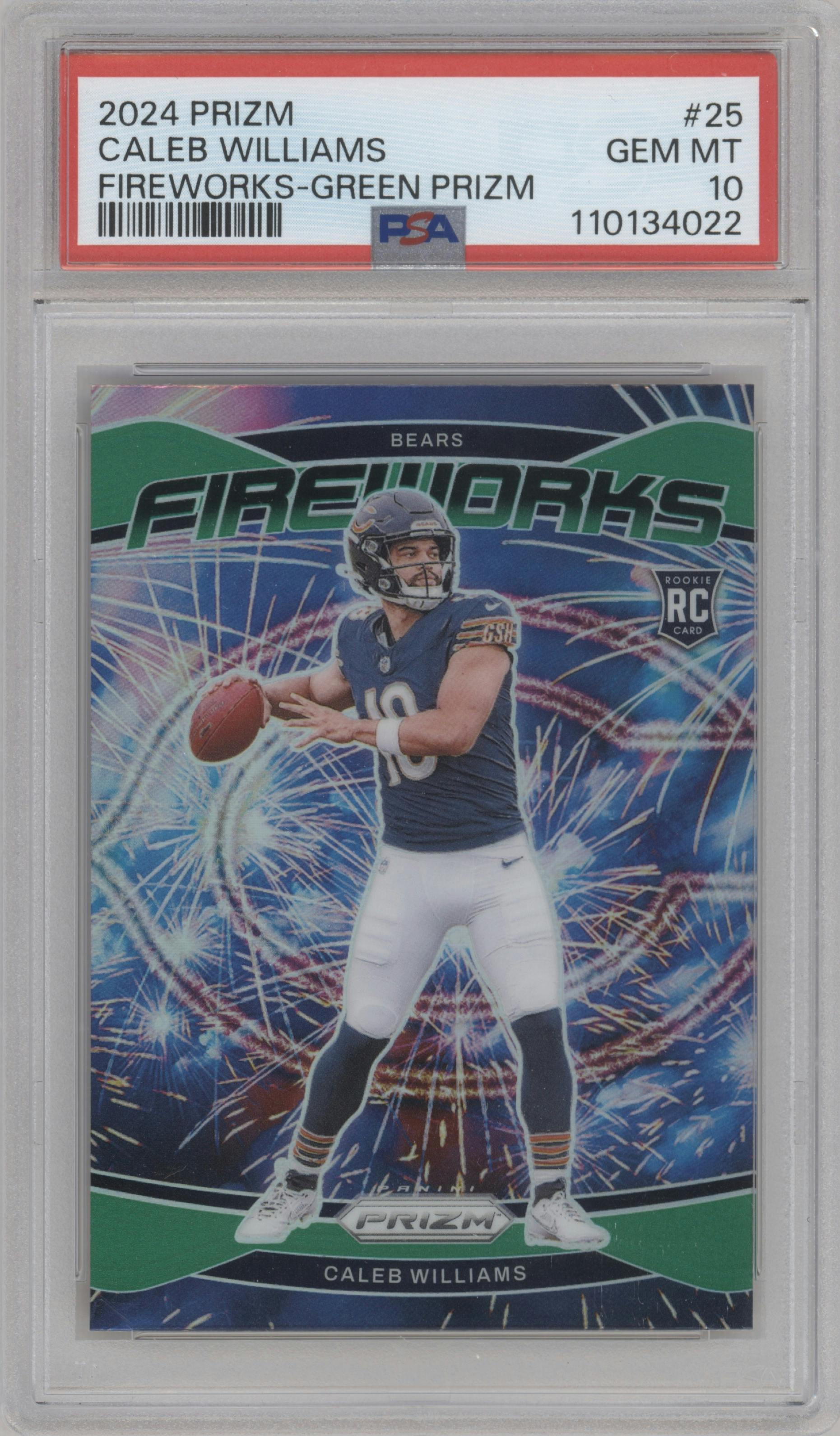 Caleb Williams from the 2024 Panini Prizm set featuring a Green Prizm parallel graded by PSA and given an overall grade of 10.