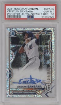 Cristian Santana from the 2021 Bowman Chrome set featuring a Speckle Refractor parallel graded by PSA and given an overall grade of 10.
