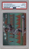 Jackson Holliday from the 2024 Bowman set featuring a Aqua Refractor parallel graded by PSA and given an overall grade of 10.