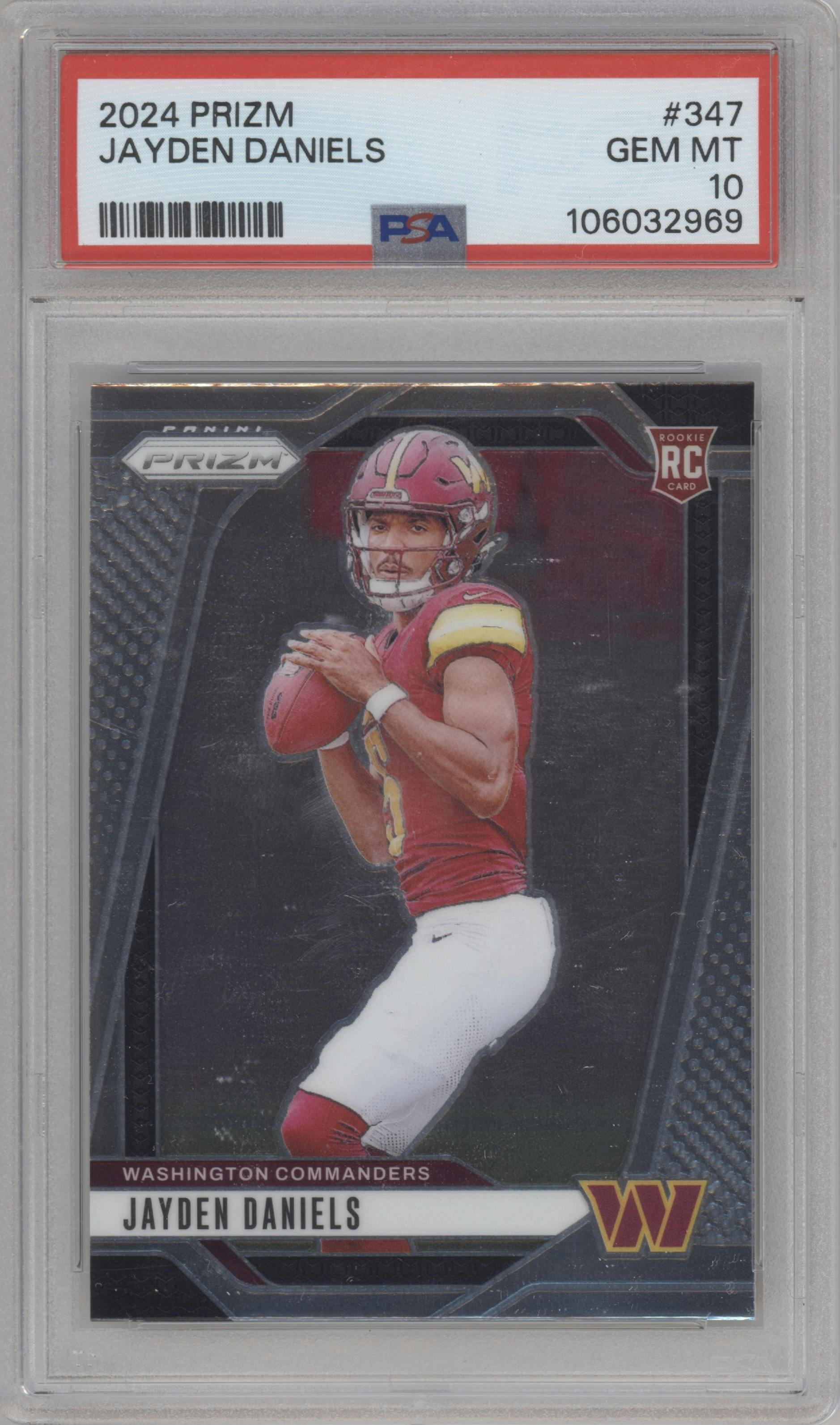 Jayden Daniels from the 2024 Panini Prizm set graded by PSA and given an overall grade of 10.