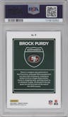 Brock Purdy from the 2024 Donruss set graded by PSA and given an overall grade of 9.
