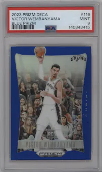 Victor Wembanyama from the 2023-24 Panini Prizm Deca set featuring a Blue Prizm parallel graded by PSA and given an overall grade of 9.