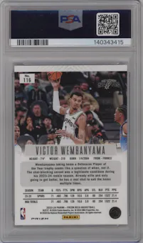 Victor Wembanyama from the 2023-24 Panini Prizm Deca set featuring a Blue Prizm parallel graded by PSA and given an overall grade of 9.