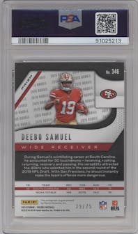 Deebo Samuel from the 2019 Panini Prizm set featuring a Green Scope parallel graded by PSA and given an overall grade of 10.
