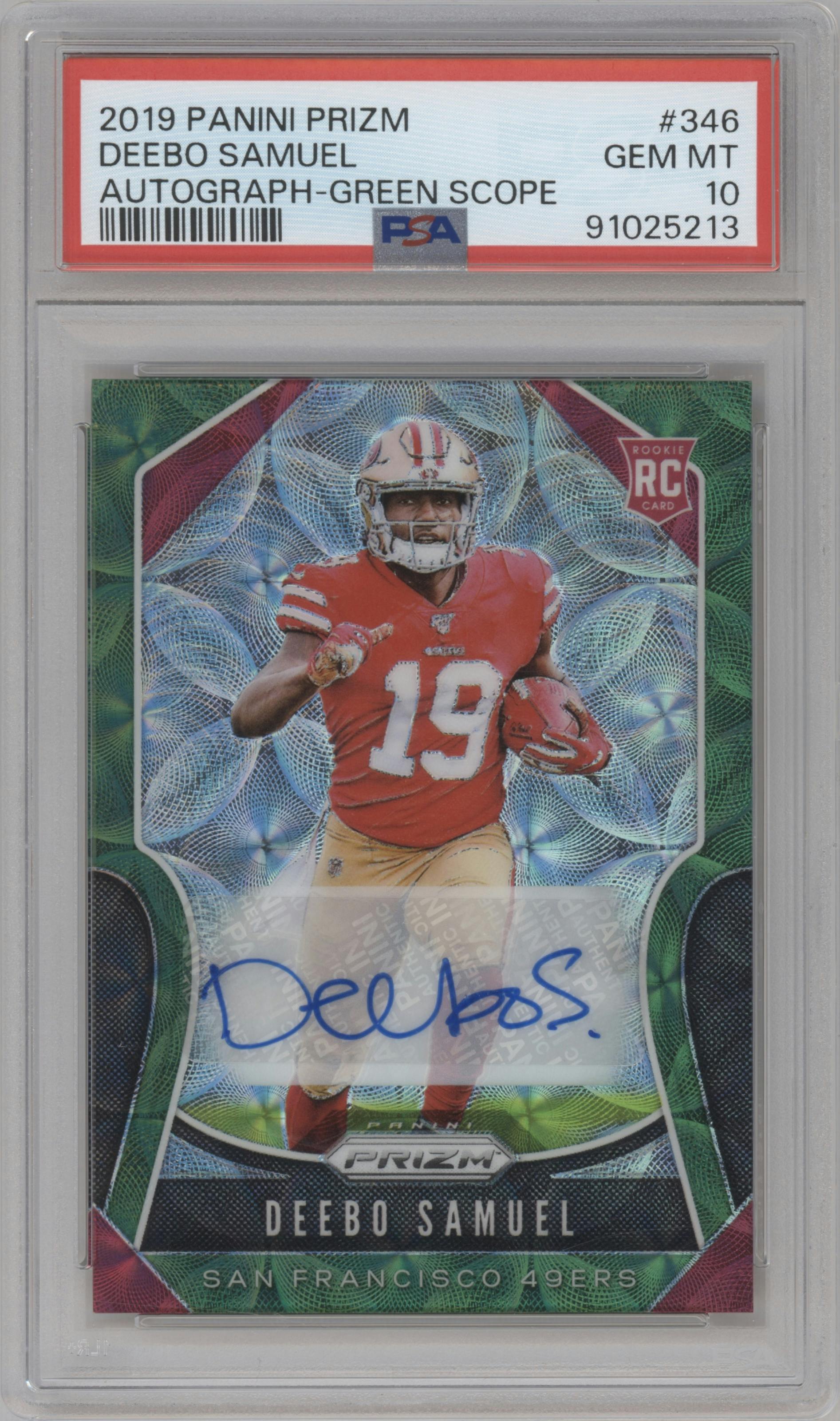 Deebo Samuel from the 2019 Panini Prizm set featuring a Green Scope parallel graded by PSA and given an overall grade of 10.