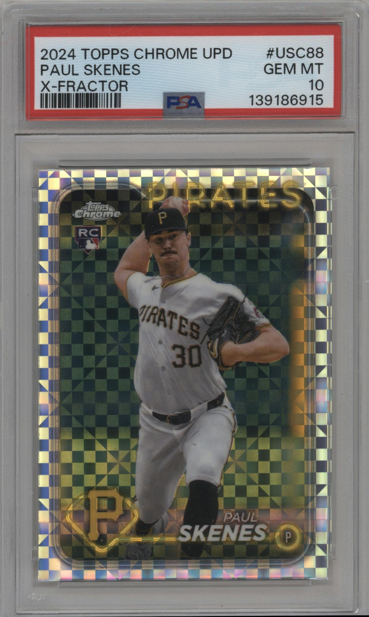 Paul Skenes from the 2024 Topps Chrome Update set featuring a X-Fractor parallel graded by PSA and given an overall grade of 10.