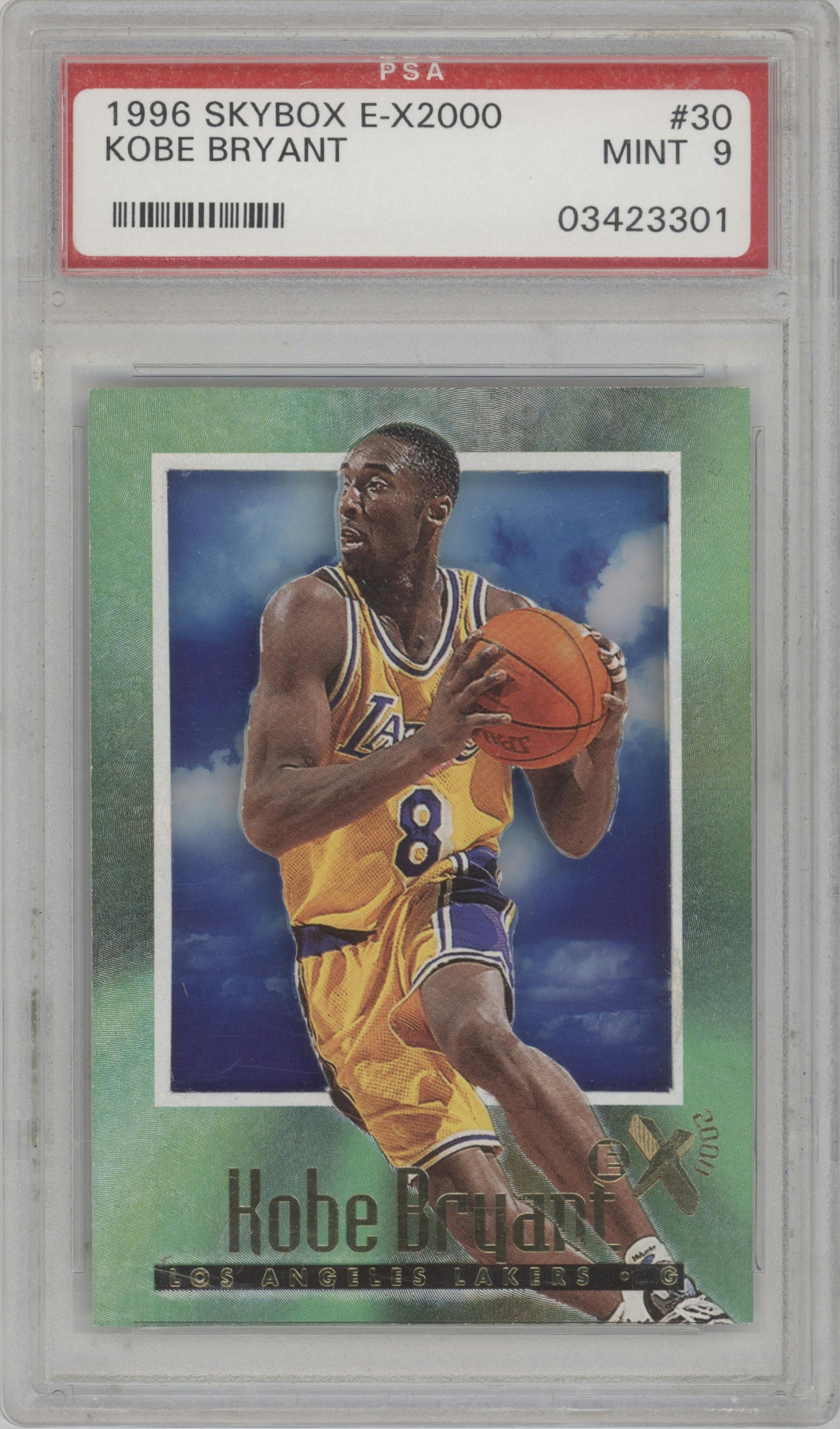 Kobe Bryant from the 1996-97 Skybox E-X2000 set graded by PSA and given an overall grade of 9.