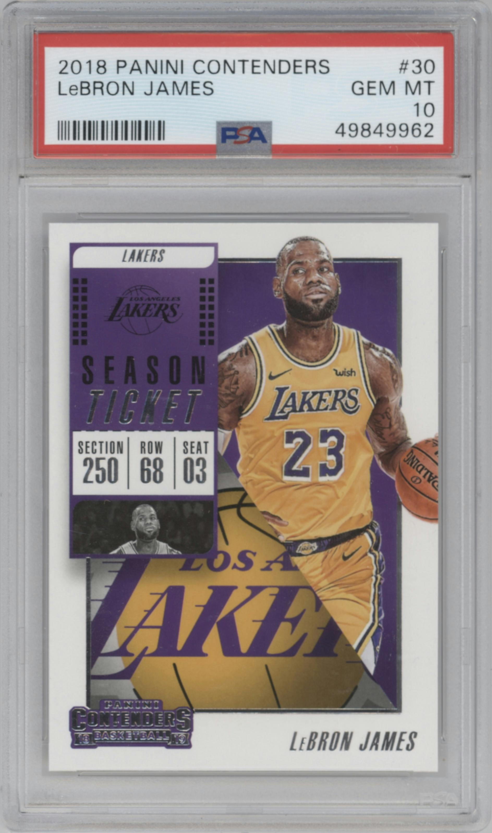 LeBron James from the 2018-19 Panini Contenders set graded by PSA and given an overall grade of 10.